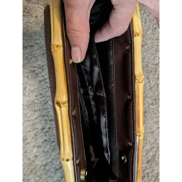 Vintg Boho Beaded Brown Fabric Clutch Bamboo Cane Handles Floral Earthy Hippie - Picture 4 of 6